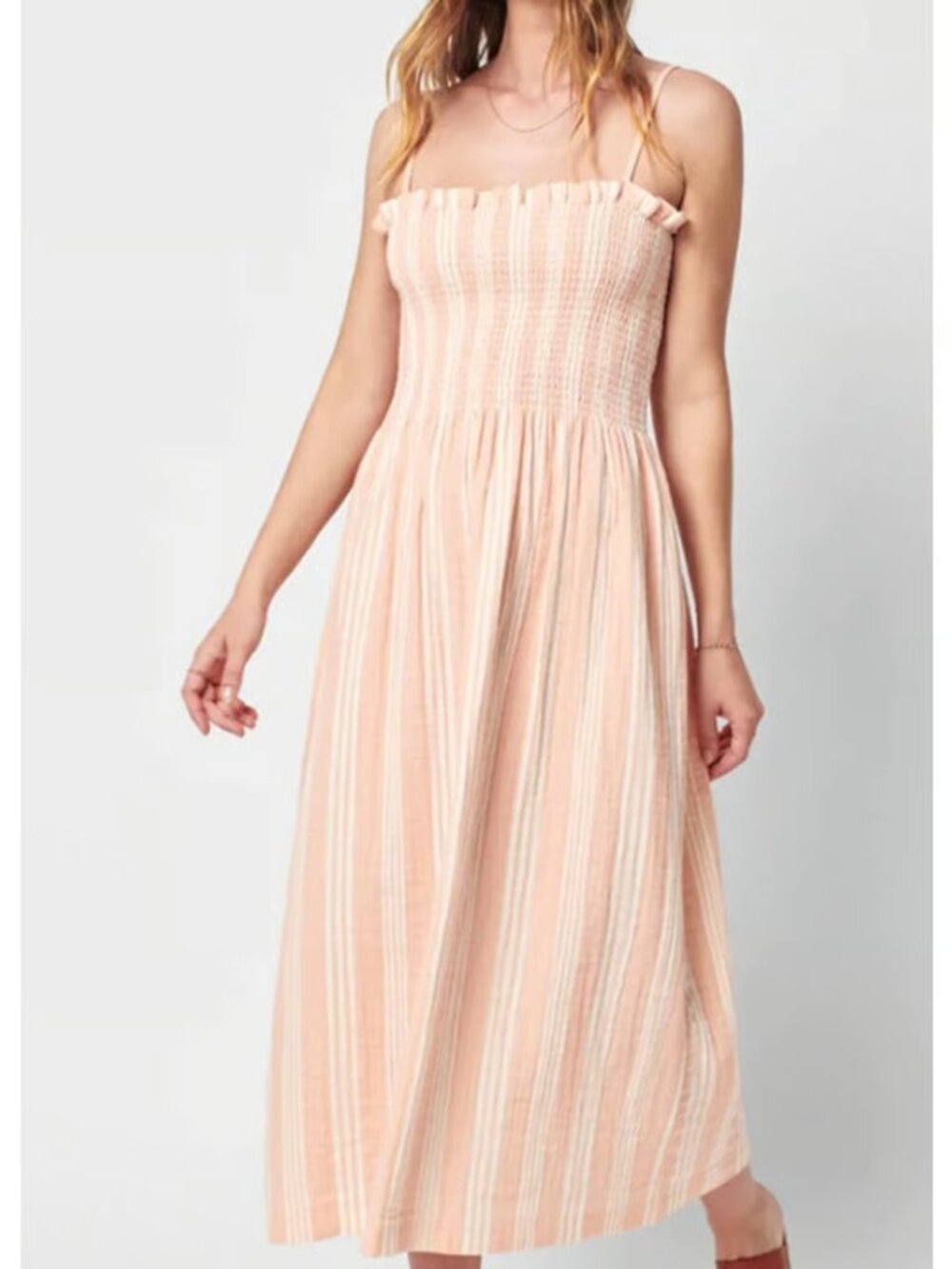 Faherty Lakeview Dress Dream Cotton Gauze Ruffle Maxi Midi Sepia Stripe Small